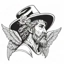Outline Tattoo of a beardless male angel with wings and wearing a straw farmer's hat tattoo design idea
