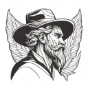 Outline Tattoo of a beardless male angel with wings and wearing a straw farmer's hat tattoo design idea