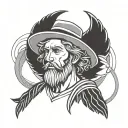 Outline Tattoo of a beardless male angel with wings and wearing a straw farmer's hat tattoo design idea