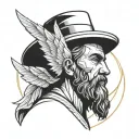 Outline Tattoo of a beardless male angel with wings and wearing a straw farmer's hat tattoo design idea