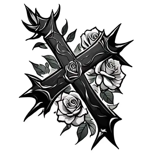 cross with roses and spikes tattoo design idea
