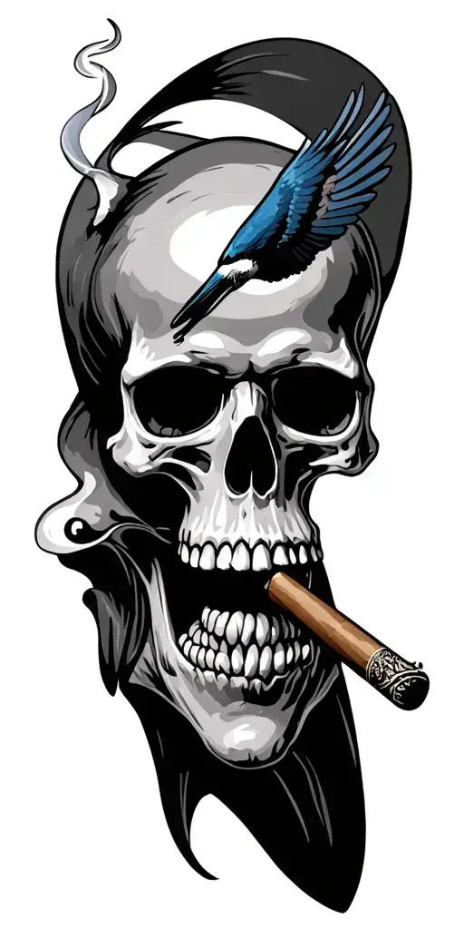 skull smoking cigar with barn swallows tattoo design idea