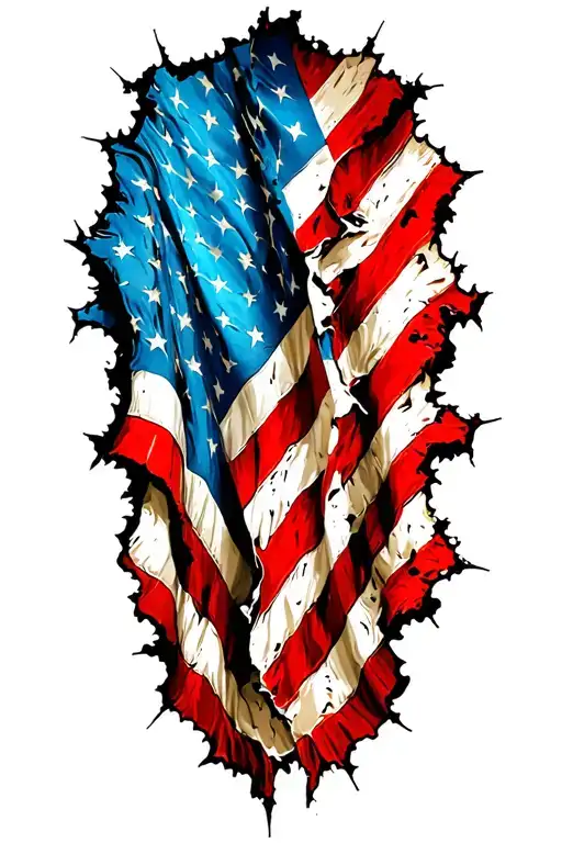 Tattered American flag under skin glass bones tattoo design idea