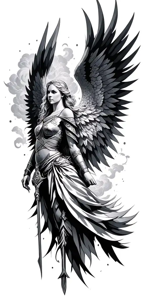 Meaningful warrior angel, Norse Valkyrie, clouds, rays, floral tattoo design idea