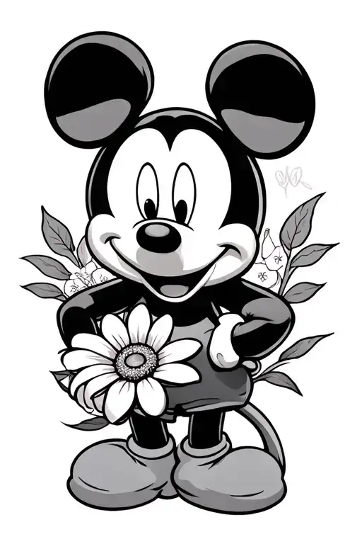 mickey mouse holding a single flower tattoo design idea