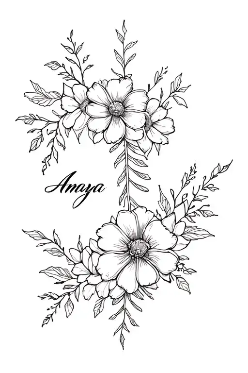 back tattoo going down the spine that includes fine line flowers with the last name “Amaya” tattoo design idea