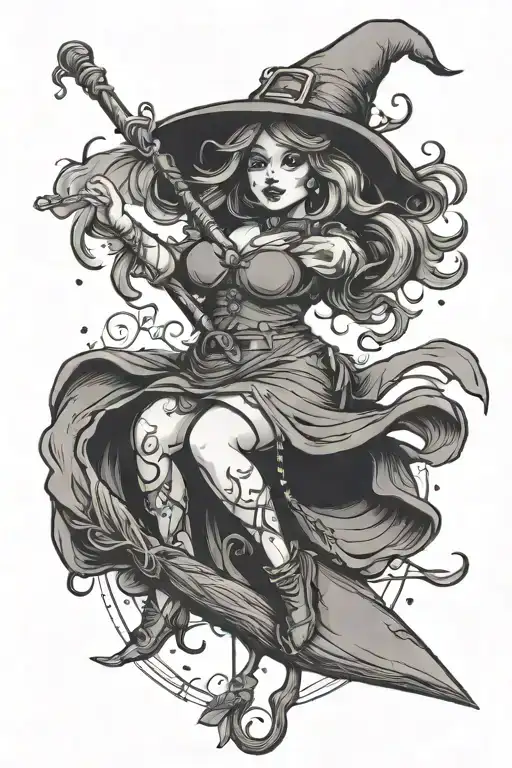 pretty chubby witch pole dancing on a broomstick  tattoo design idea