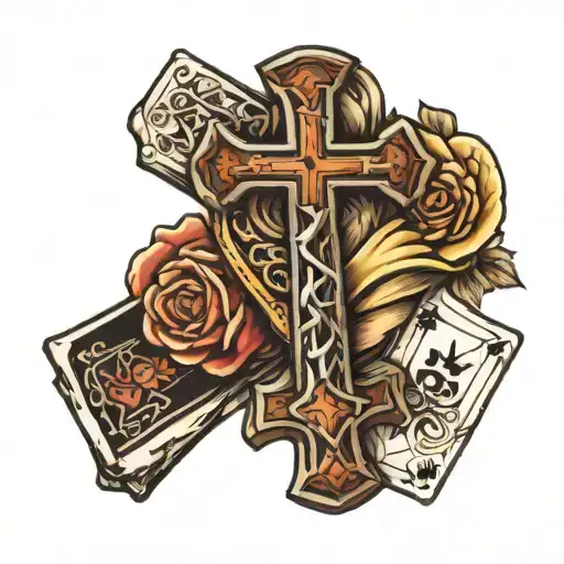 western sleeve with cross and cards tattoo design idea