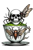 moss tea cup skull beetles death moth resting tattoo design idea