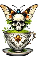 moss tea cup skull beetles death moth resting tattoo design idea