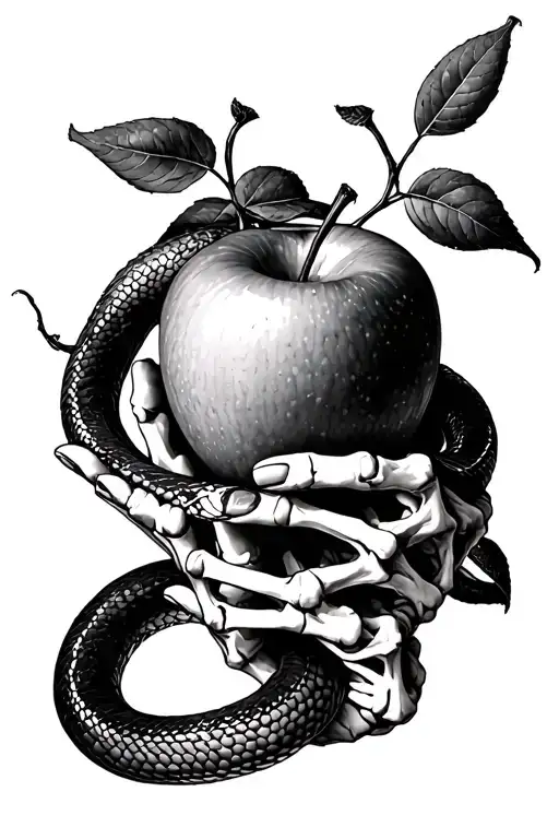 Adam and Eve skeletal hand holding apple with snake around it realism max tattoo design idea