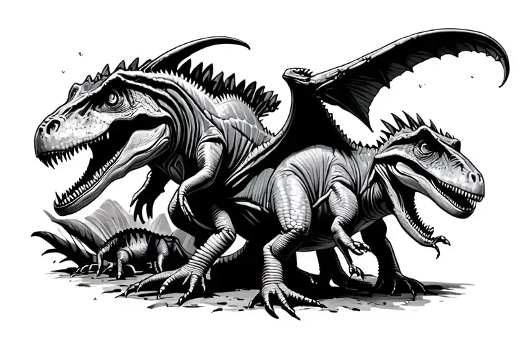 baby dinosaurs T-Rex, pterodactyl, and one baby dino that just hatched.  tattoo design idea