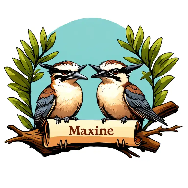 two kookaburras sitting on a branch holding a scroll with the name Maxine tattoo design idea