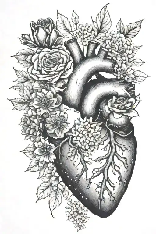birth flower bouquet with May, August, October, November, February flowers with anatomical heart tattoo design idea