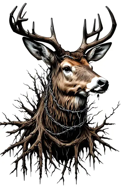 dead willow tree with decomposing deer head, barb wire wrapped  tattoo design idea