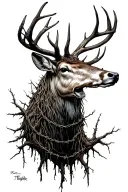 dead willow tree with decomposing deer head, barb wire wrapped  tattoo design idea