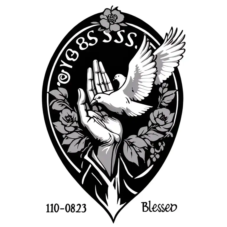 "10-08-23 Blessed " Open Praying Hands With A Dove Flying Out  tattoo design idea