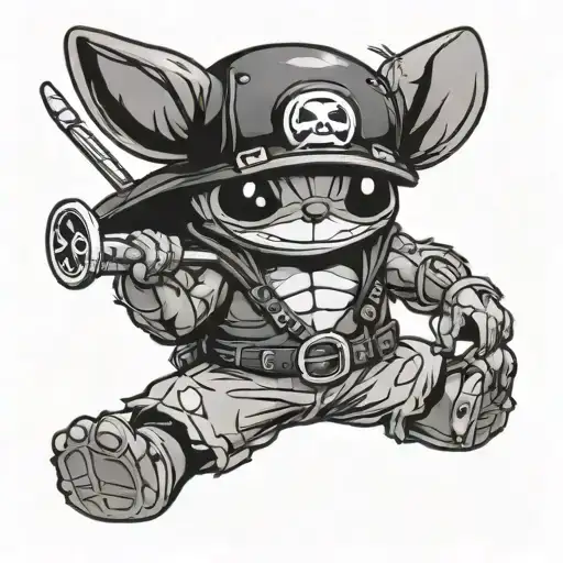 stitch cosplaying as zoro from one piece anime tattoo design idea