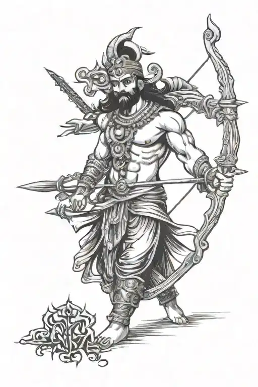 lord ram holding his arrow and bow in left half and Ravan with his 5 heads combined in the right side tattoo design idea