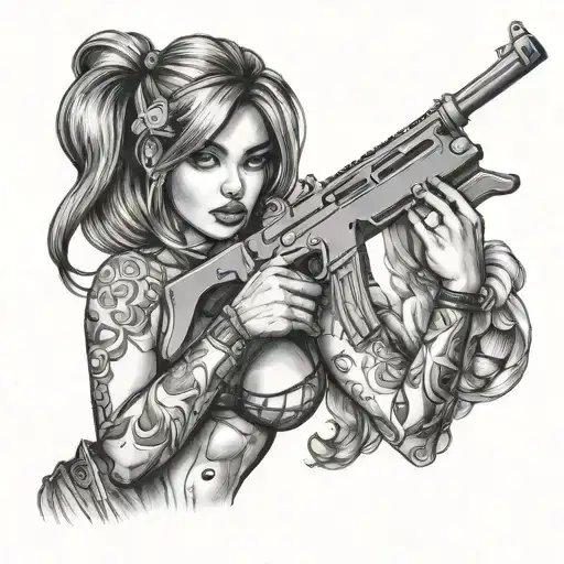 ak47 with woman licking the ak47 like a stripper pole tattoo design idea