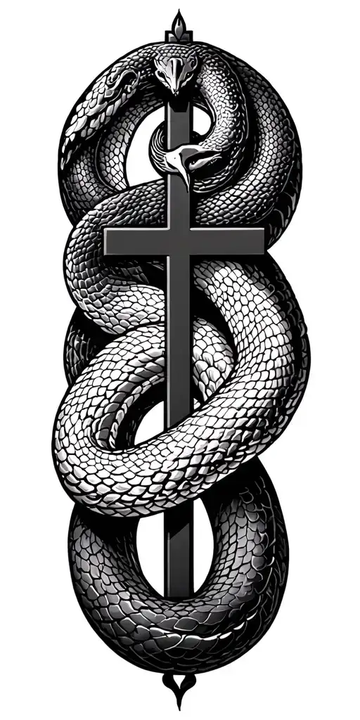 Vector elongated snake silhouette snake bodies wrapped around crucifix dark blackwork gothic tattoo design idea