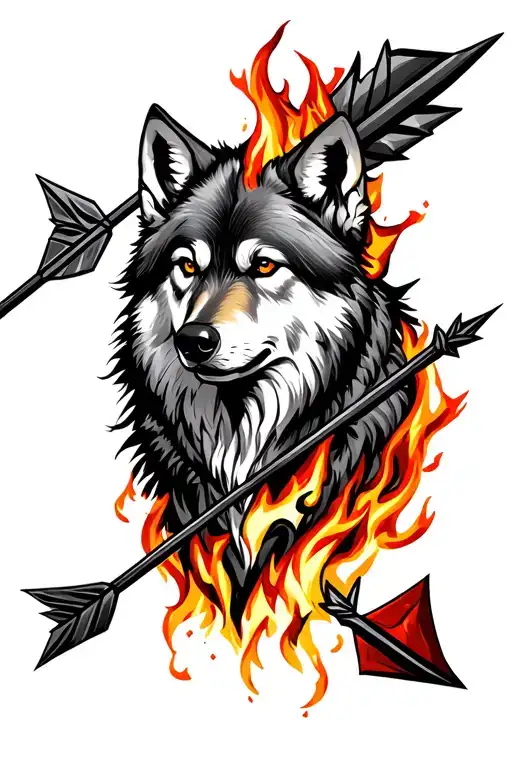 In the middle of the arrow wolf and around fire tattoo design idea