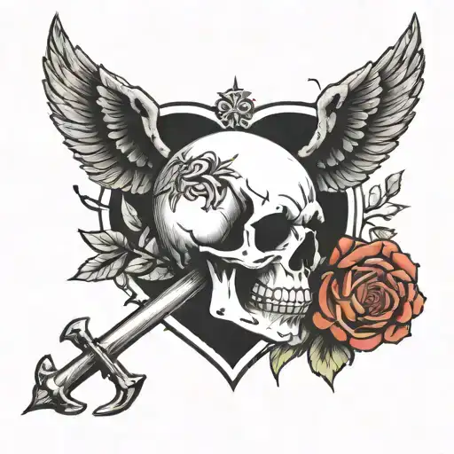 love is pain heart and skull wearing tattoo design idea