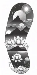 central lotus flower, celestial elements like stars and planets, sacred geometry, and serene landscapes such as mountain tattoo design idea