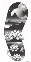 central lotus flower, celestial elements like stars and planets, sacred geometry, and serene landscapes such as mountain tattoo design idea
