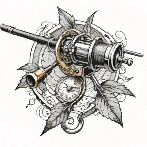 A sketch of a fishing rod morphing into a justice scale tattoo design idea