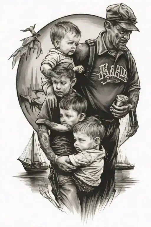 dad carrying kids through slough tattoo design idea