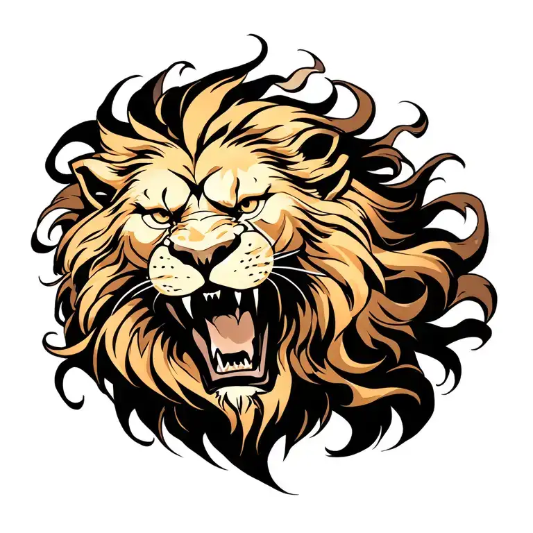The Lion's Sin of Pride tattoo from The Seven Deadly Sins, a roaring lion's head with a flowing mane, black ink, centere tattoo design idea