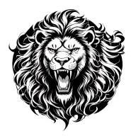 The Lion's Sin of Pride tattoo from The Seven Deadly Sins, a roaring lion's head with a flowing mane, black ink, centere tattoo design idea