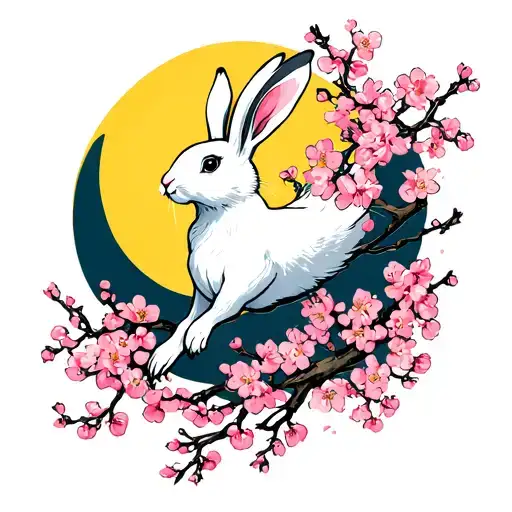 a white hare leaping with pink cherry blossoms surrounding it with a yellow moon behind it tattoo design idea