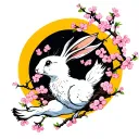 a white hare leaping with pink cherry blossoms surrounding it with a yellow moon behind it tattoo design idea