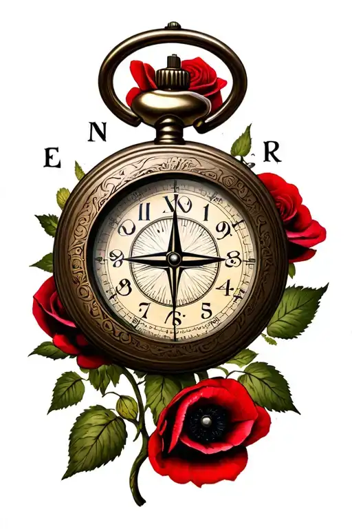 poppie, rose, pocket watch, compass tattoo design idea