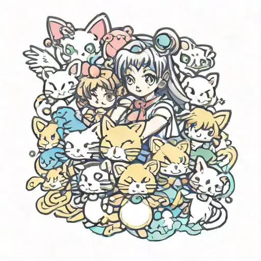 Kero Beros, Sakura Card captor, Sailor moon, Android-18, Trunks, Arale, Kirby, Yoshi, all characters in the tattoo tattoo design idea