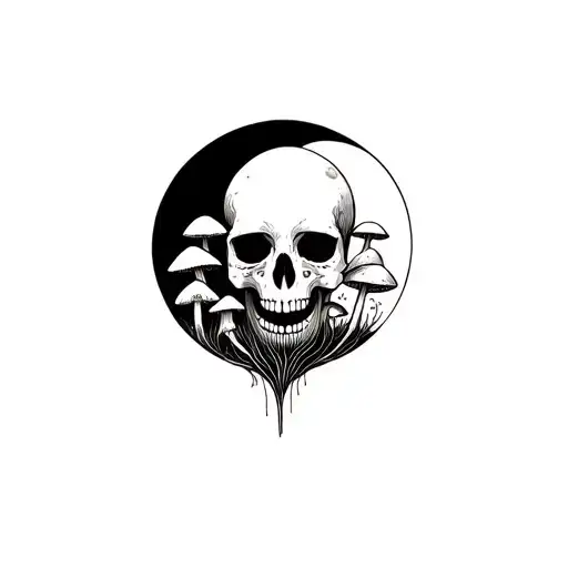 Skull with mushrooms growing inside with the moon merging together tattoo design idea