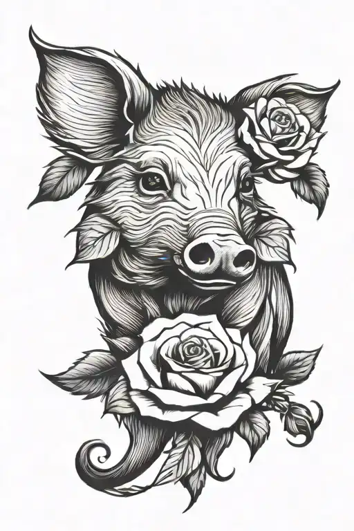wild hog with roses tattoo design idea