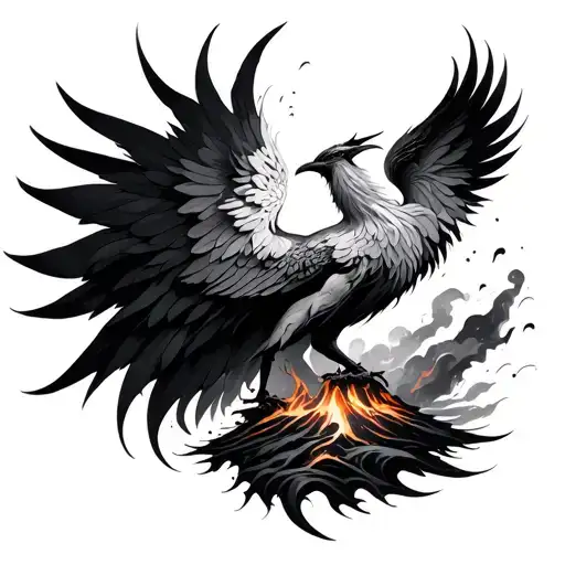 Make a tattoo al in black. It has to be a phoenix emergían from a volcano. Make it minimalista and abstract. More magic tattoo design idea