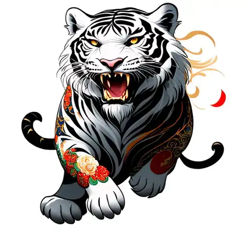 Full sleeve tattoo in traditional Japanese style featuring Byakko, the White Tiger of the West. The tiger is dynamic and tattoo design idea