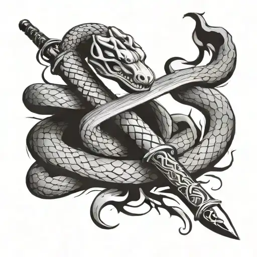snake bleeding while wrapped tightly around a samurai sword  tattoo design idea