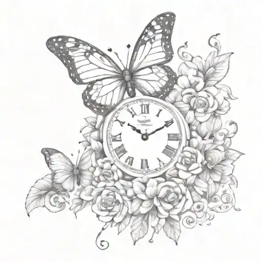 BUTTERFLY FLOWER CLOCK tattoo design idea