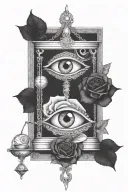Libra, eye and rose, where the eye is above the scales and the rose wraps the scales with stems and thorns tattoo design idea