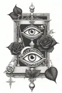 Libra, eye and rose, where the eye is above the scales and the rose wraps the scales with stems and thorns tattoo design idea