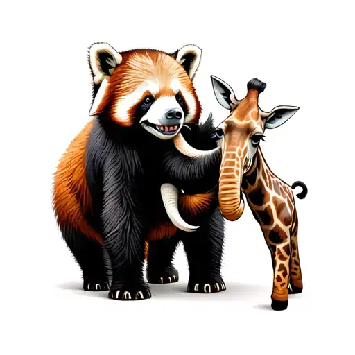 red panda a giraffe playing with elephant and sloth in the citcus act show. All animals are separated  tattoo design idea