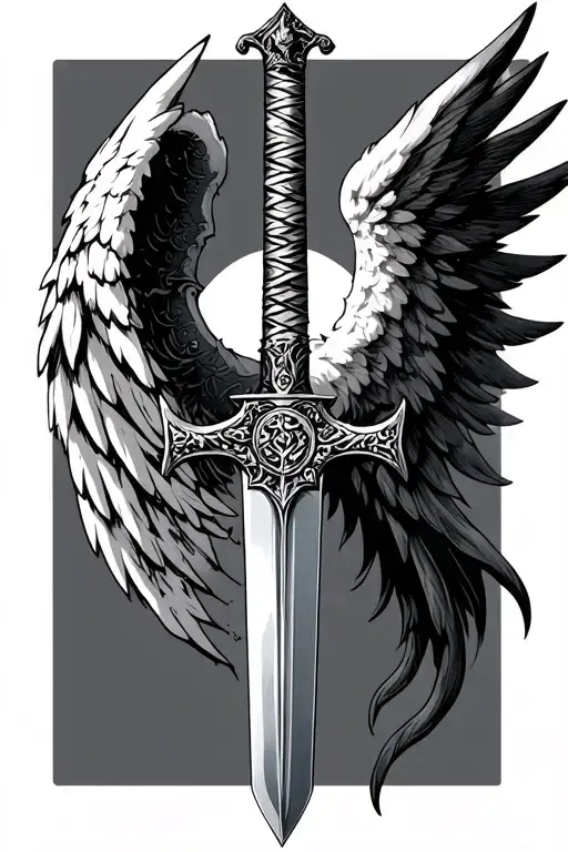 A sword with angel wing on the left side and a demon wing on the right  tattoo design idea