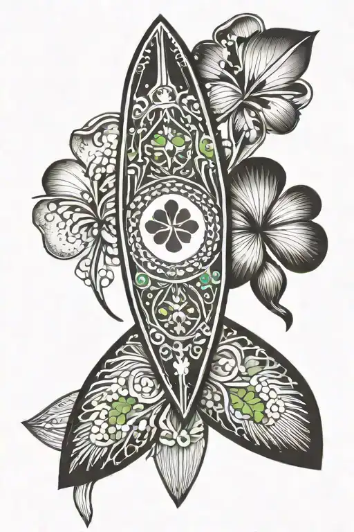 surf board shamrock mandala two gem stones balanced tattoo design idea