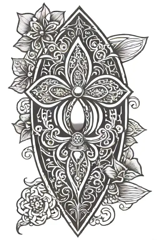 surfboard shamrock mandala two gem stones balanced tattoo design idea