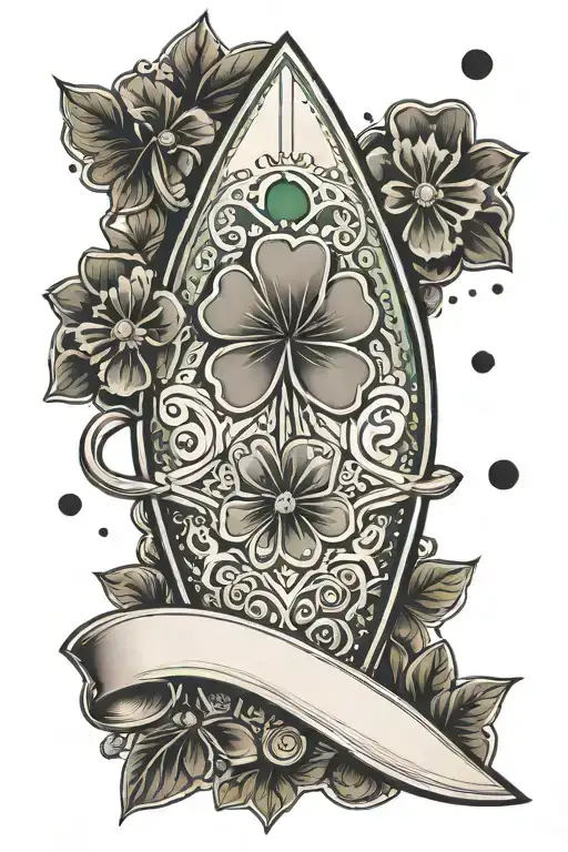 surfboard shamrock mandala two gem stones balanced tattoo design idea